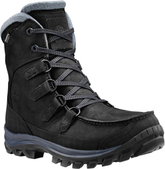 Black ankle-high winter boot with laces, metal eyelets, and rubber sole.