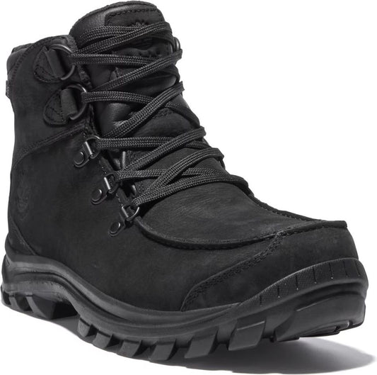 Black lace-up boot with metal eyelets and lug sole.