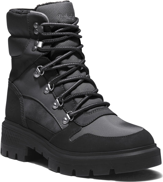 High-top black hiking boot with thick black soles, gray synthetic upper and silver metal eyelets.