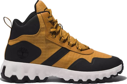 A tan-and-black mid-height boot with a white and black sole.