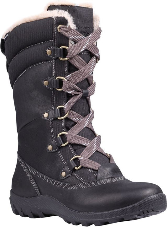 Black mid-calf boot with grey laces and faux fur lining.