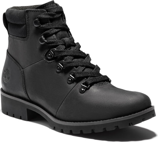 Black leather hiking boot with black laces and metal eyelets.