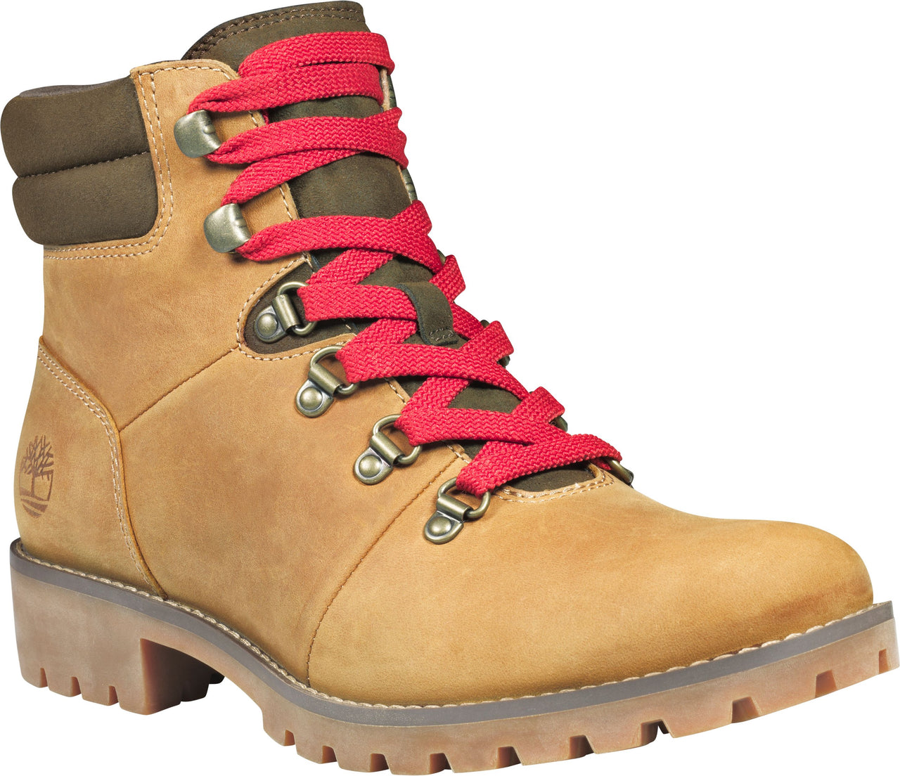 Tan leather hiking boot with red laces, metal eyelets, and a cushioned brown collar.