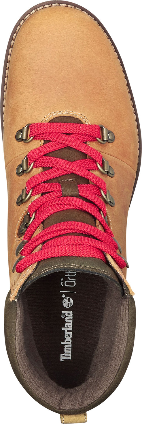 Tan Timberland boot with red laces.