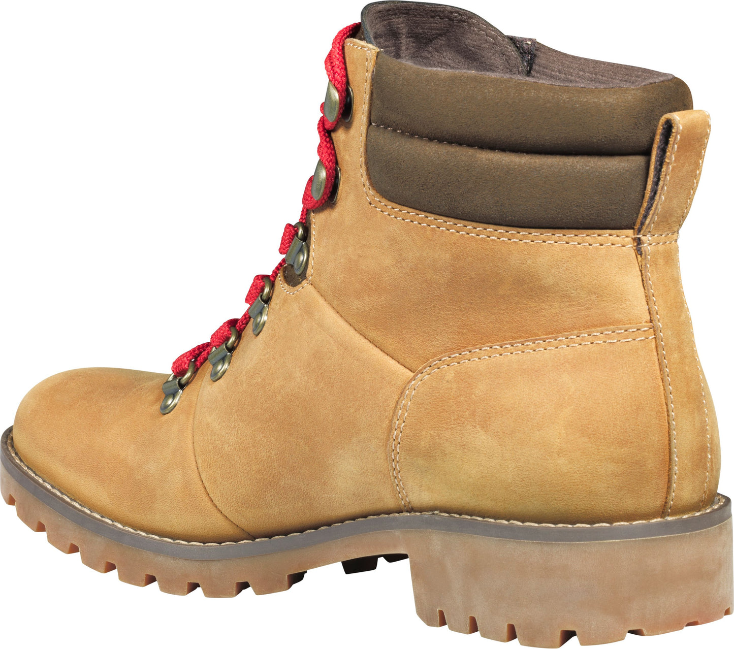 Tan-colored hiking boot with red laces and brown collar.
