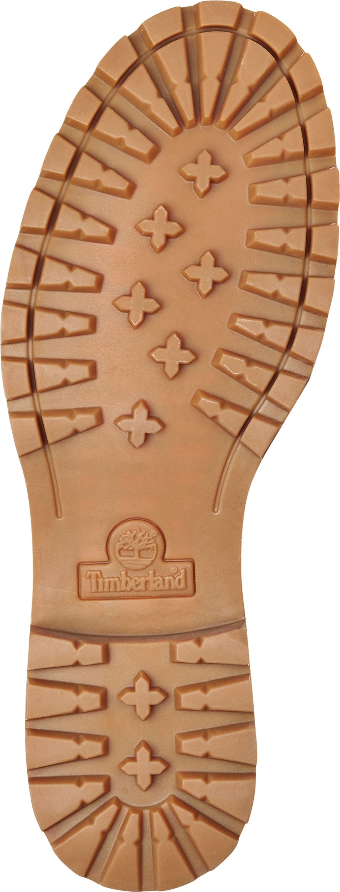 sole of a shoe with prominent treads and the Timberland logo