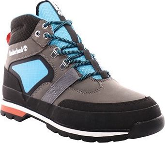 Mid-height boot with gray leather and light blue panels, black sole, and teal laces.