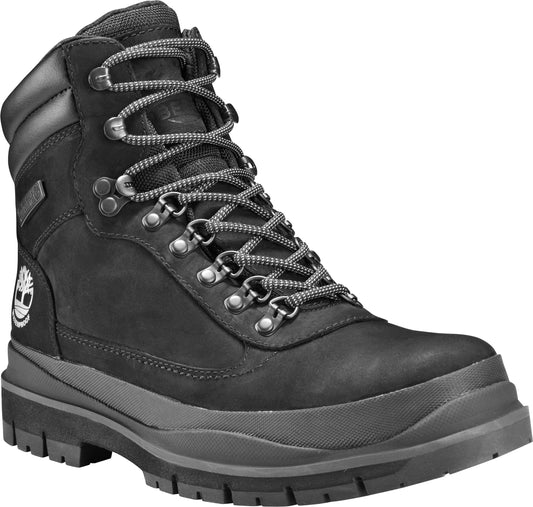 A high-cut black leather hiking boot with metal eyelets and patterned laces on a thick treaded sole.