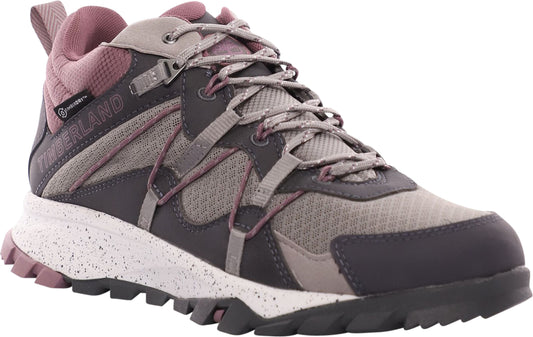 Hiking boot, grey with purple accents, speckled white midsole and black lug outsole.