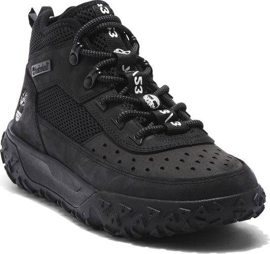 A black mid-ankle boot with a chunky, rugged sole, featuring a perforated vamp and laces with white text.