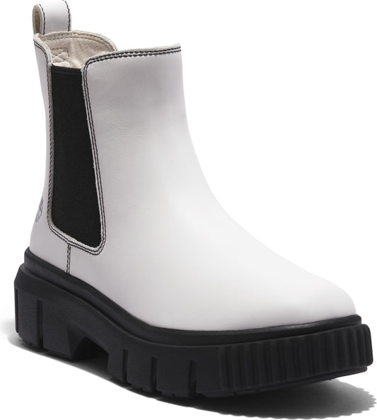 White ankle boot with black elastic sides and black lug sole.
