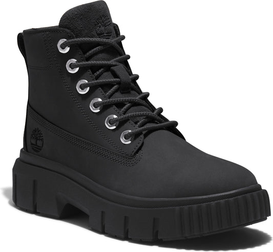 Black high top work boot with thick ridged sole and metal eyelets.