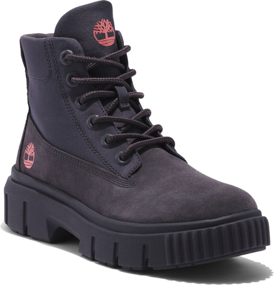 Dark grey leather workboot with pink logo on the tongue and sides, and a thick lug sole.