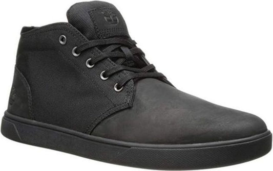 Black mid-top sneaker with leather toebox and canvas quarter panel, eyelet lacing.