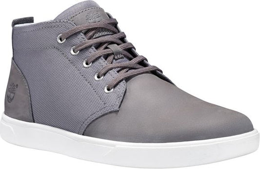 Gray mid-top sneaker with white sole, and lace-up closure.