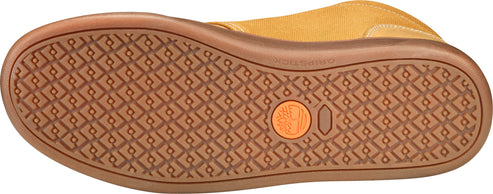 Tan shoe sole with geometric tread pattern and brand logo.