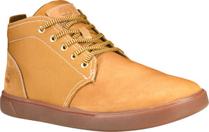Tan mid-top sneaker with brown sole and laces.
