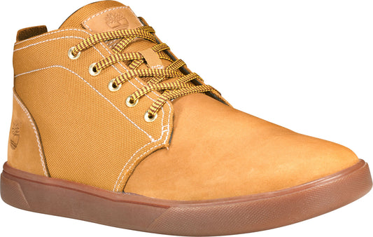 Tan mid-top sneaker with brown sole and laces.