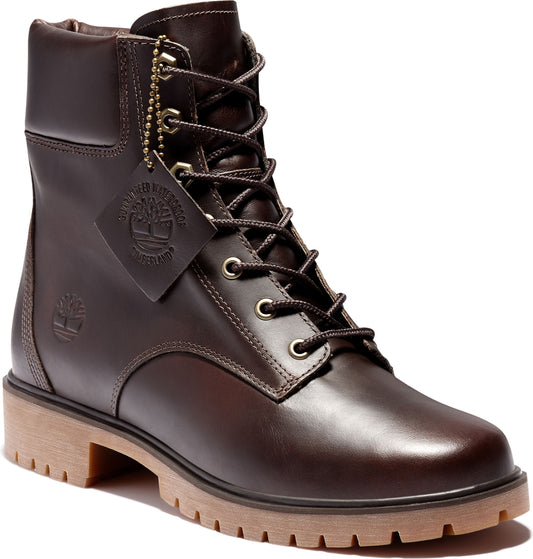 Brown leather lace-up boots with eyelets, side logo, and hang tag.