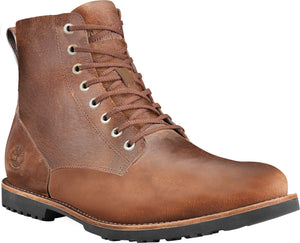 Brown leather lace-up work boot with a black sole.