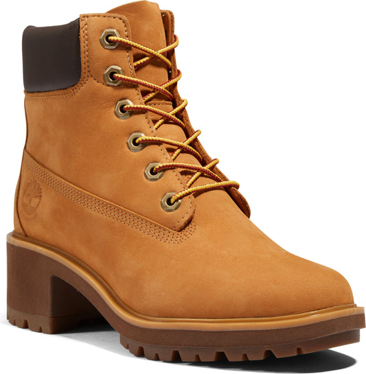 Women's tan leather lace-up heeled boot with brown padded collar.