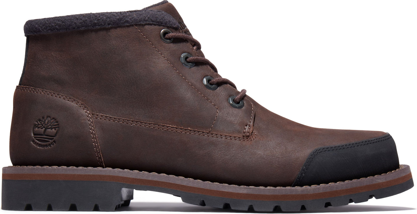Dark brown leather ankle boot with dark gray wool collar, lace-up closure, and black toe cap.