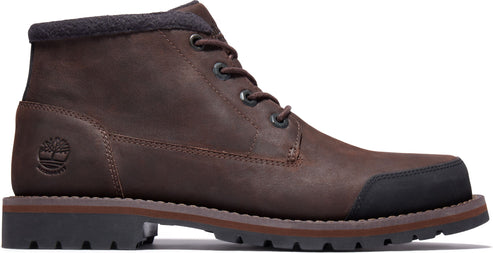 Dark brown leather ankle boot with dark gray wool collar, lace-up closure, and black toe cap.