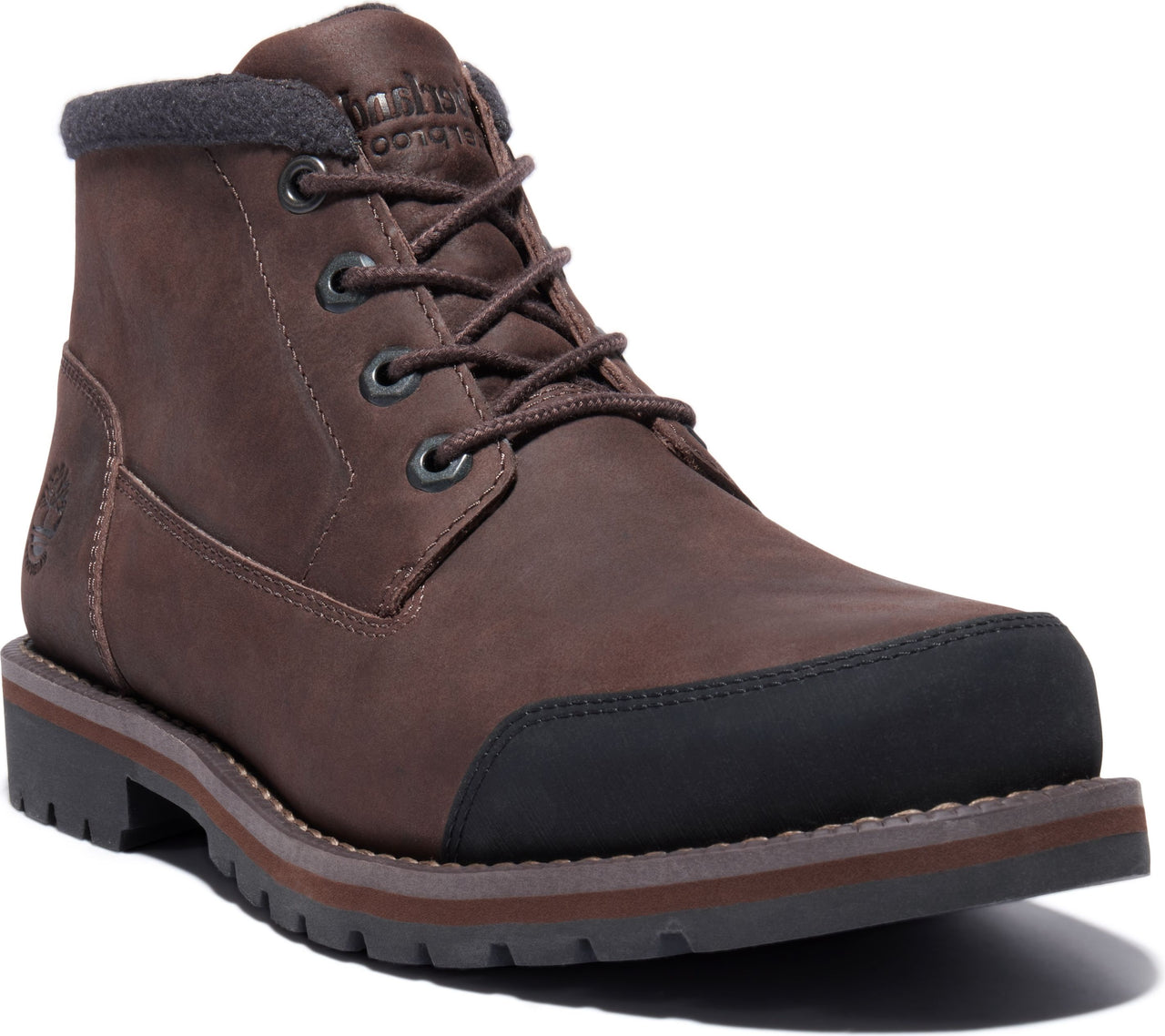 Brown leather ankle boot with laces, black toecap and dark grey collar.