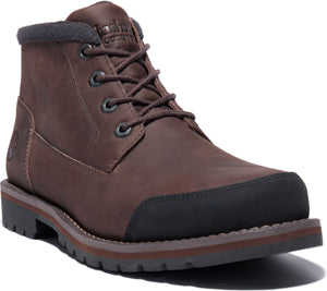 Brown leather ankle boot with laces, black toecap and dark grey collar.