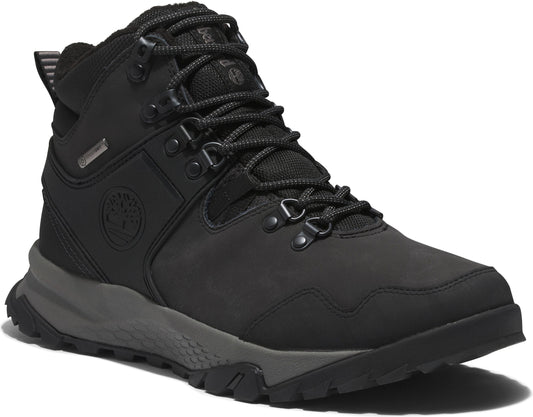 A black hiking boot with a grey sole, featuring metal eyelets and a padded collar.