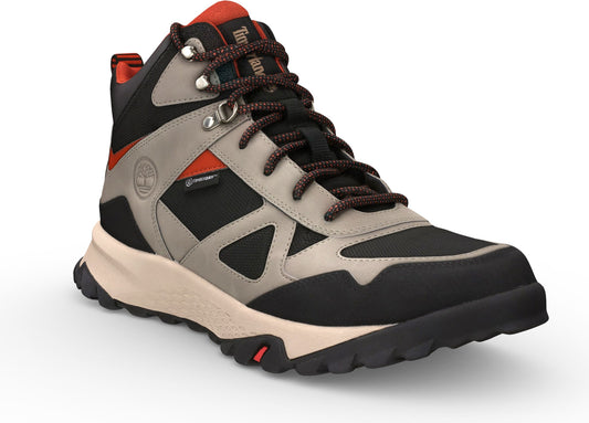 Hiking boot with black, grey, and red accents.