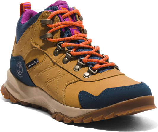Tan ankle-high hiking boot with orange laces and dark-blue and purple accents.