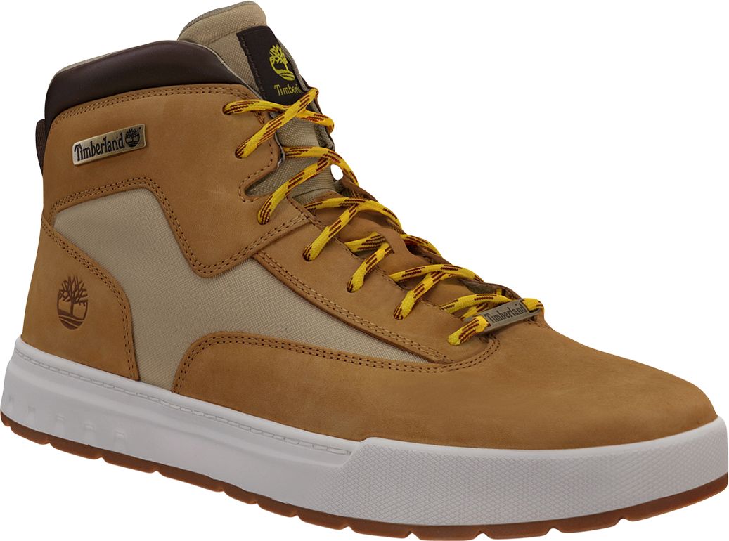 Tan hi-top sneaker with brown collar and yellow laces, metal nameplate and white sole.