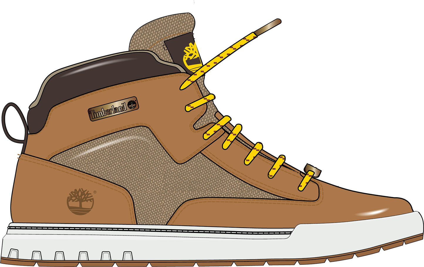 Tan high-top sneaker with yellow laces and brown accents.