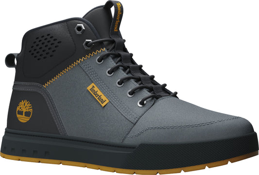 A high-top charcoal shoe with black accents, including a logo and perforated ankle area, featuring dark laces and a contrasting dark sole with a tan accent.