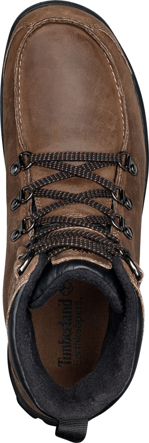 A brown leather boot with black laces, a black collar, and metal eyelets.