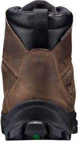 Rear view of brown leather boot with black collar and pull loop.
