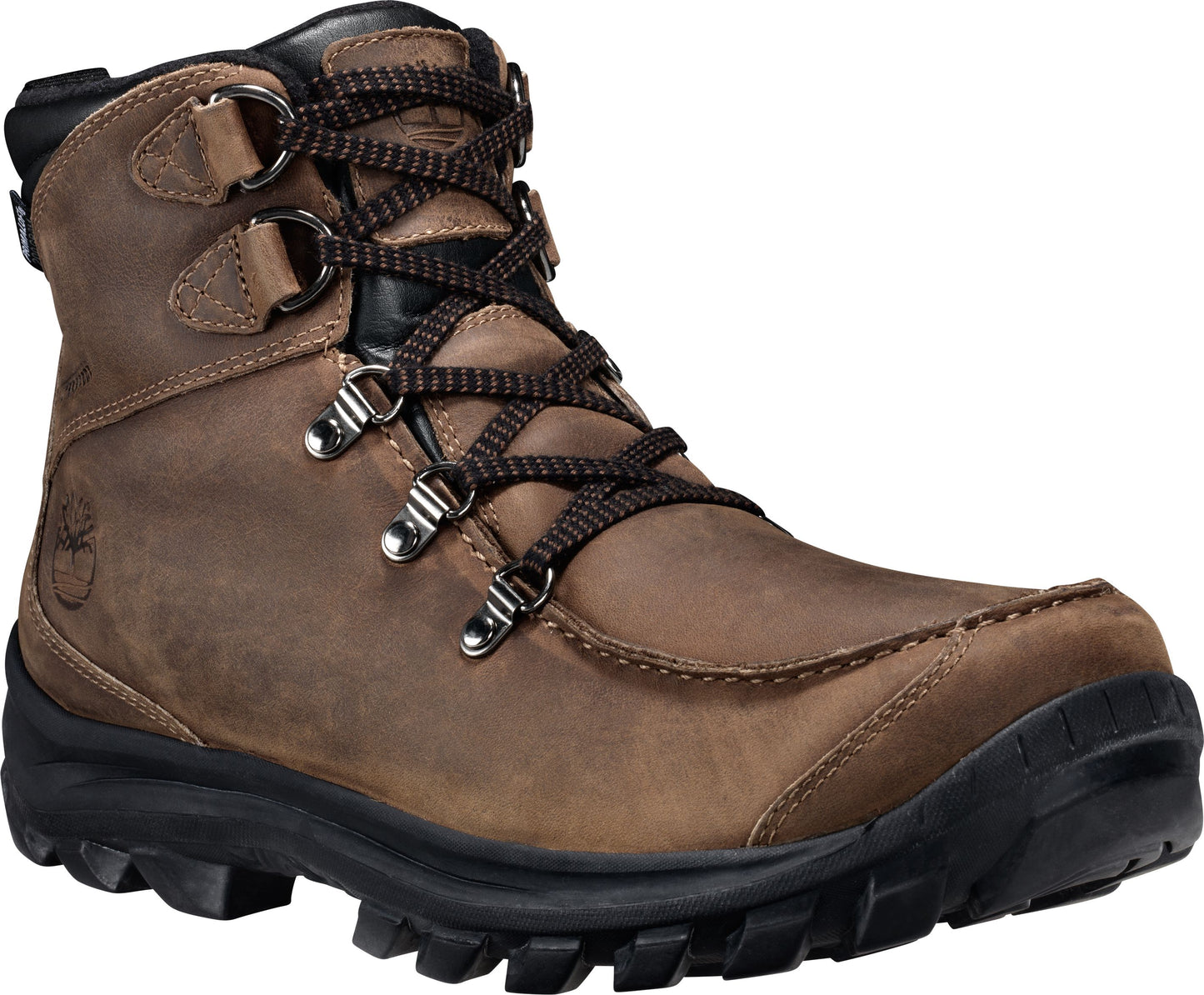 Brown leather hiking boot with black sole and laces.