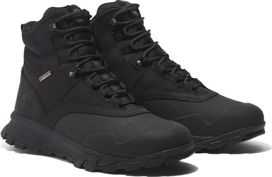 Pair of black, mid-calf high hiking boots with black laces and silver eyelets.