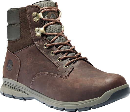 Brown leather boot with padded collar and metal eyelets.
