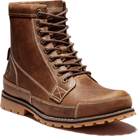 Brown leather lace-up work boot with a stacked sole and white stitching.