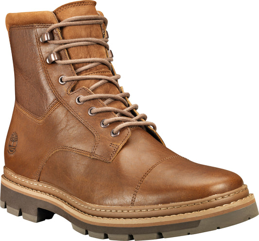 A brown, leather ankle boot with light brown laces.