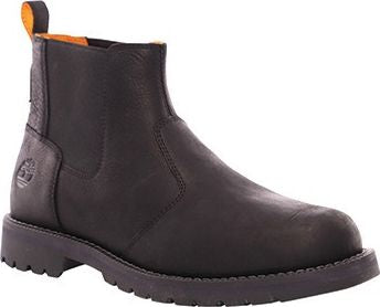 A black Chelsea work boot with lug sole and elastic ankle panels.