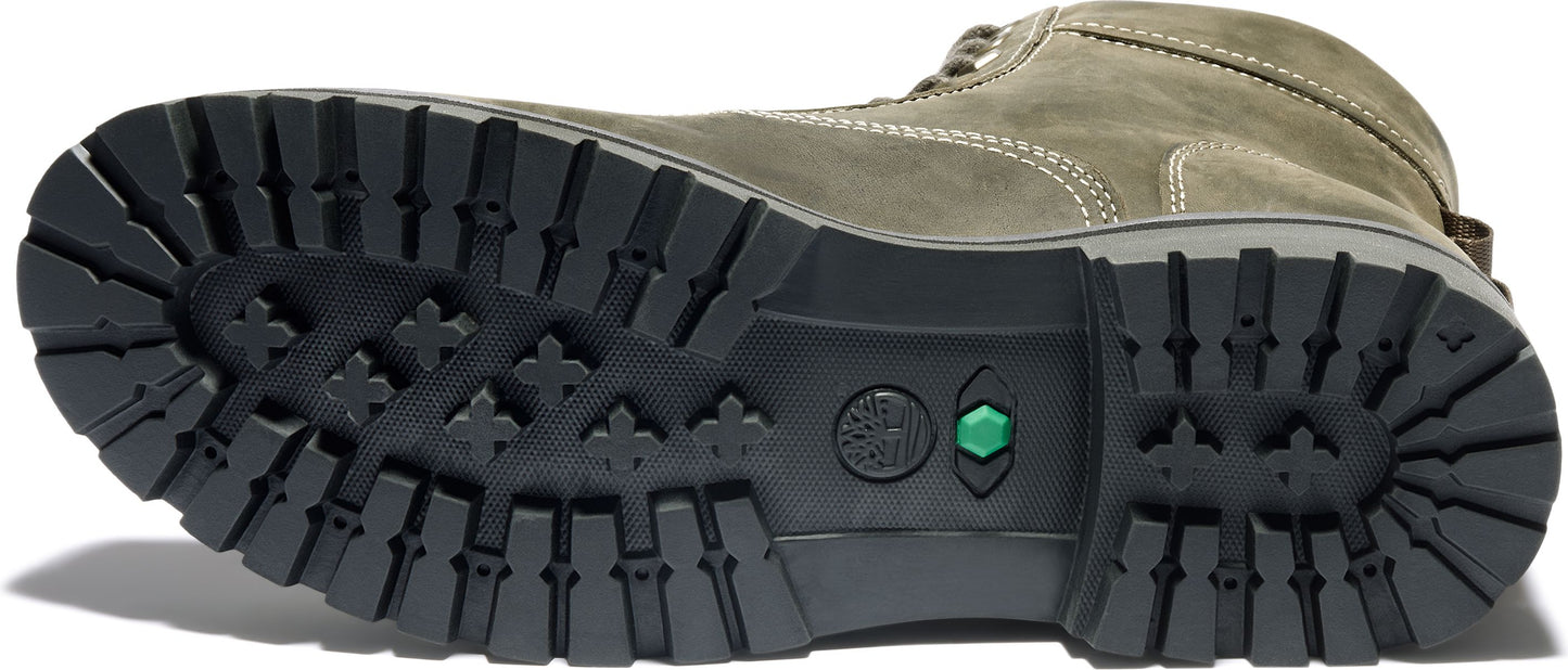 The rugged black lug sole of an olive-green boot.