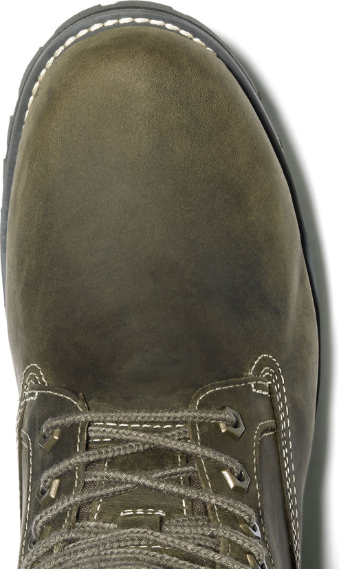 Olive green leather boot with laces.