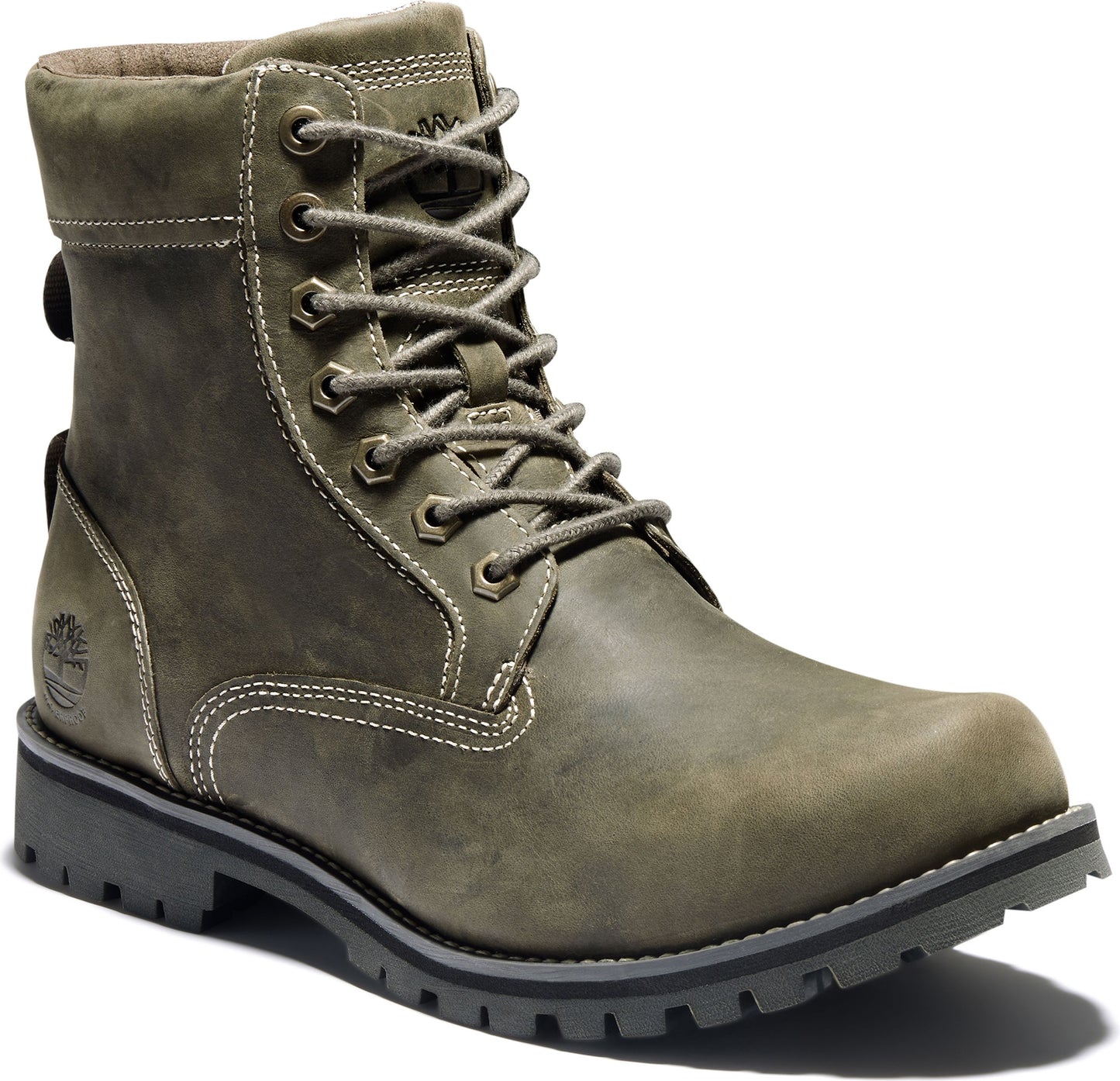 Ankle-high olive-green leather boot with grey laces and sole.