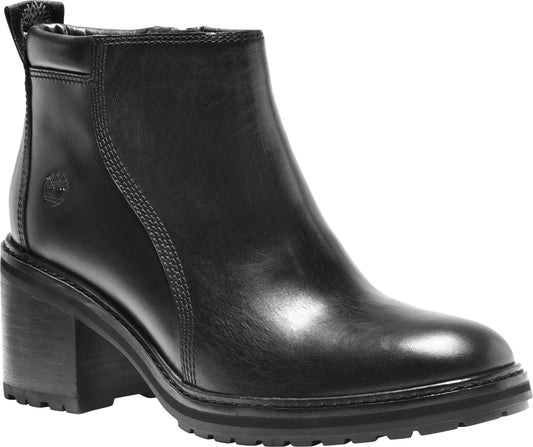 Black leather heeled ankle boot with a round toe, a chunky heel, and a lug sole.