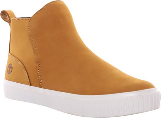 Side view of a tan sneaker boot with a white sole and back loop.