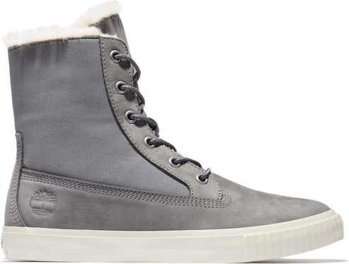Gray high top boot with white fur lining and sole.