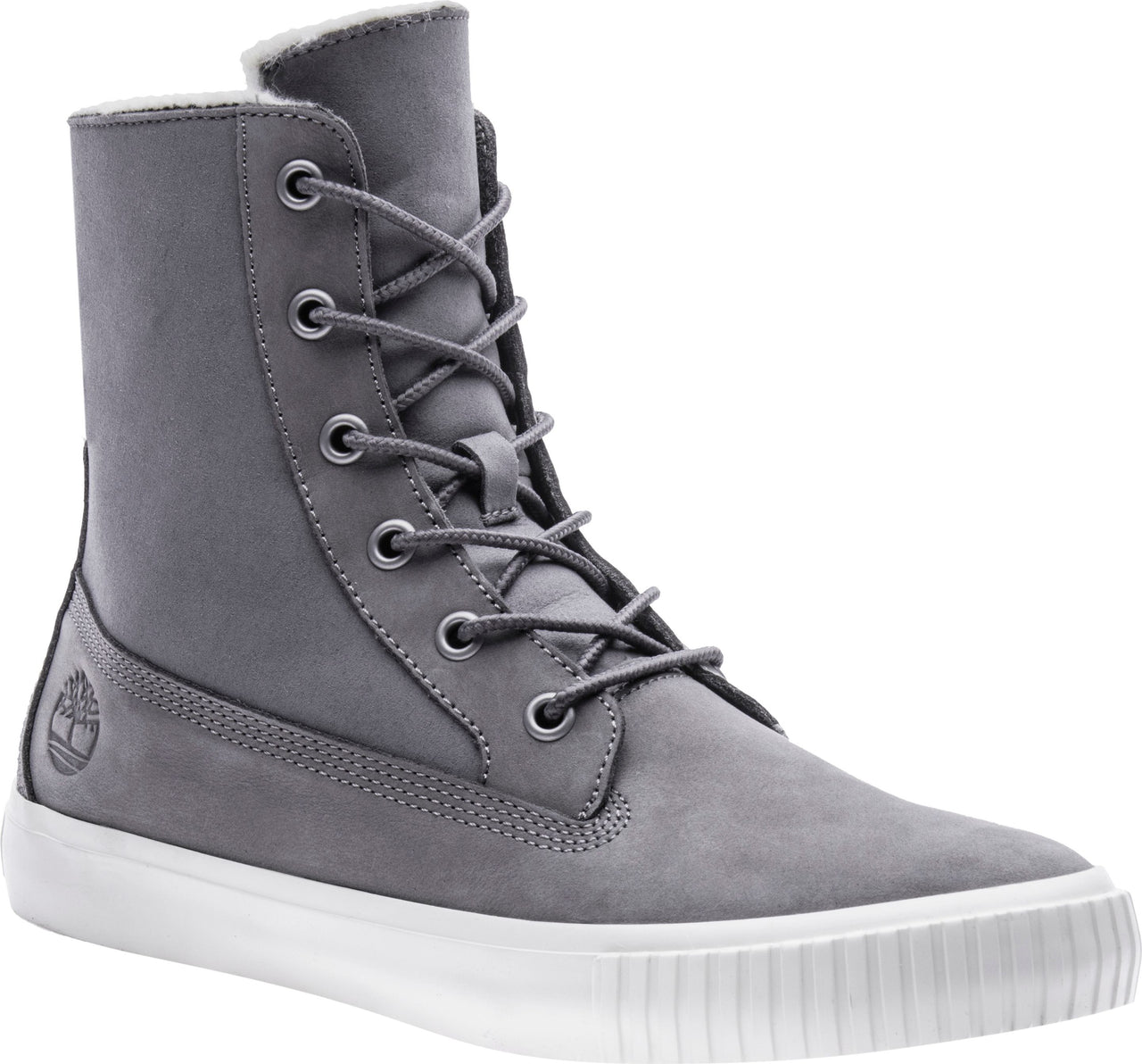 Gray high-top sneaker with a white sole and a lace-up design.